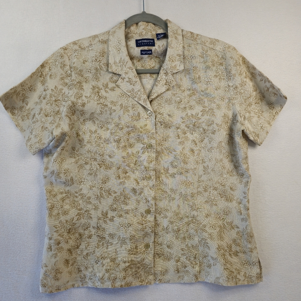 Liz Clairborn 100% Irish Linen Floral Beige Short Sleeve Blouse Size L‎